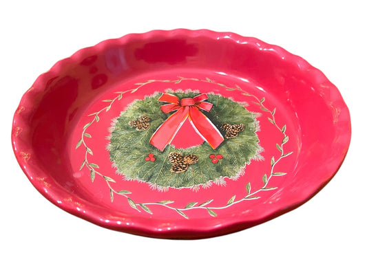 10" Nantucket Home Wreath Pie Plate Red Baking Dish Christmas