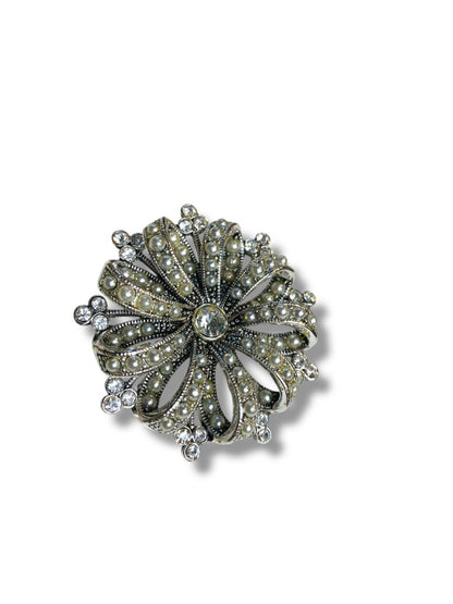 Vintage Sparkly Silvertone Faux Pearl Brooch Pin 2.1" Diameter