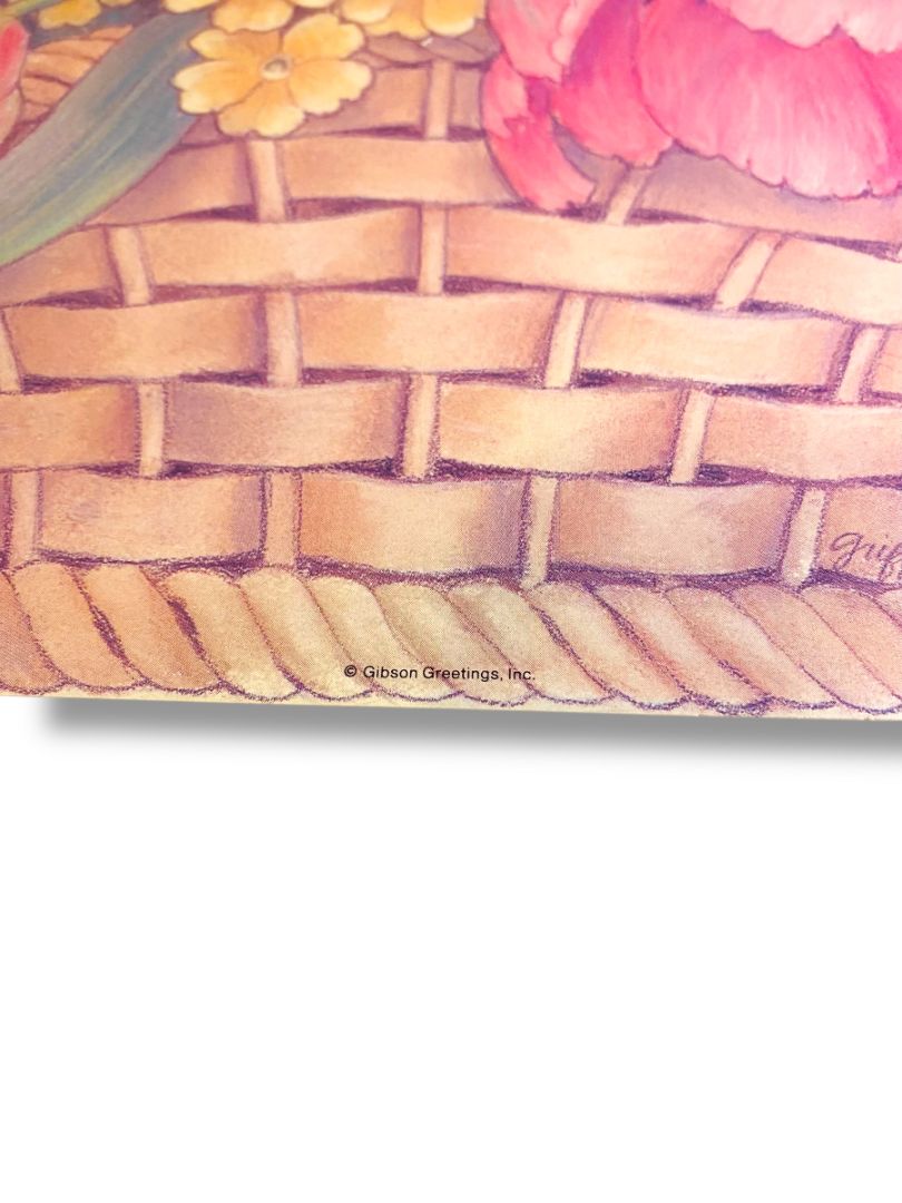 Vintage Gibson Greeting Griffith Floral Basket 15.5" Diecut Dual Sided