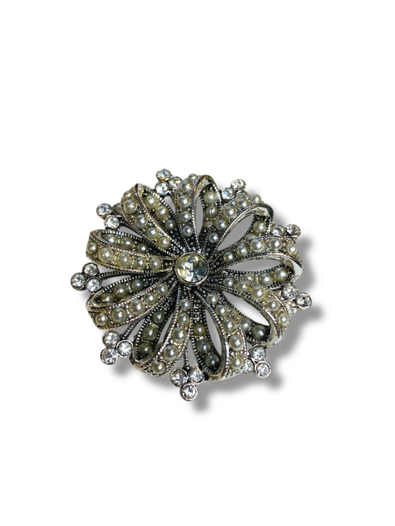 Vintage Sparkly Silvertone Faux Pearl Brooch Pin 2.1" Diameter