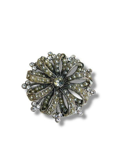 Vintage Sparkly Silvertone Faux Pearl Brooch Pin 2.1" Diameter
