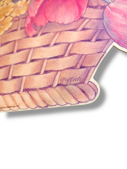 Vintage Gibson Greeting Griffith Floral Basket 15.5" Diecut Dual Sided