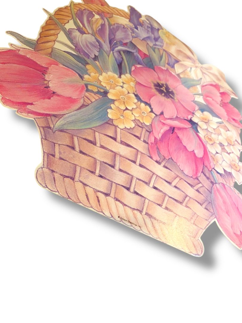 Vintage Gibson Greeting Griffith Floral Basket 15.5" Diecut Dual Sided