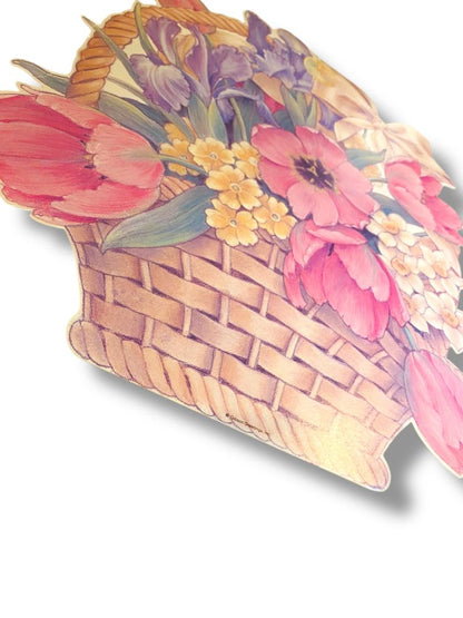Vintage Gibson Greeting Griffith Floral Basket 15.5" Diecut Dual Sided