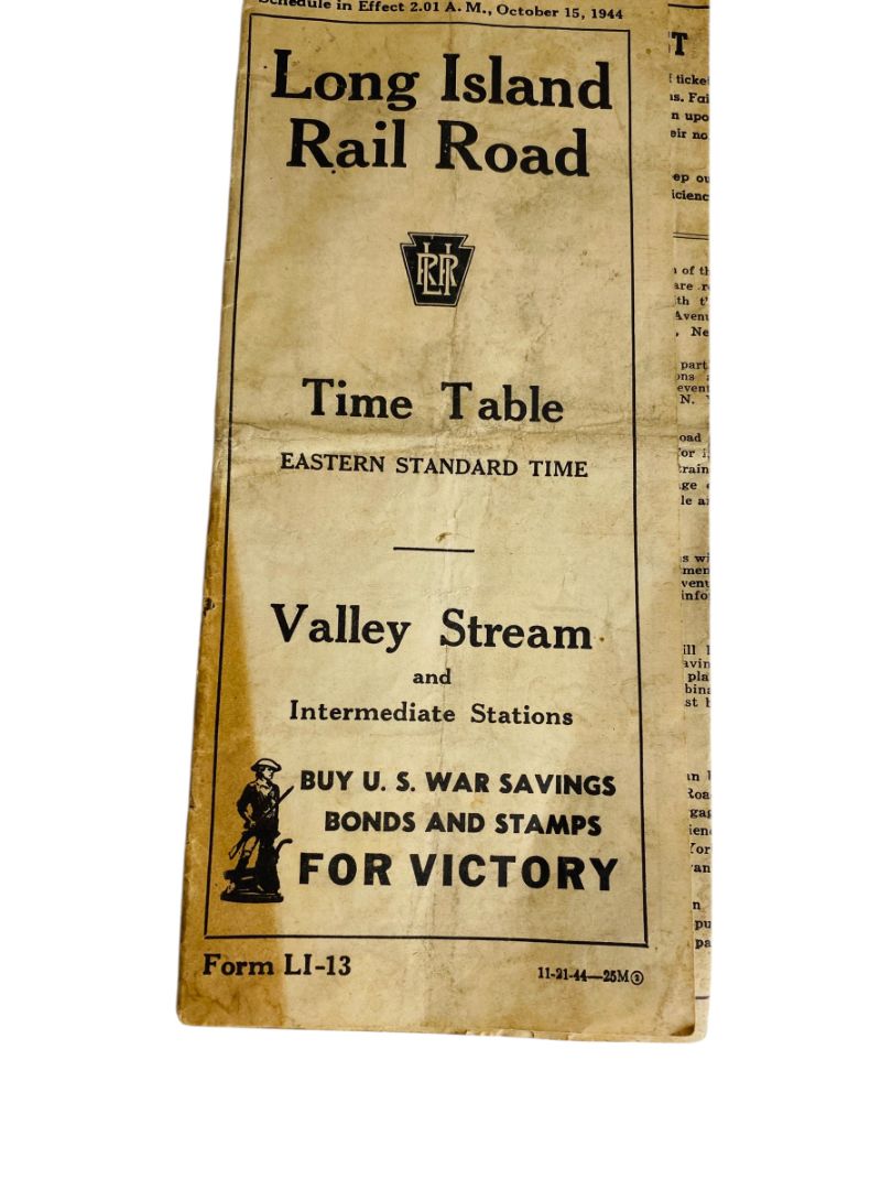1944 Long Island Railroad Time Table Form LI-13 Valley Stream Intermediate Stations