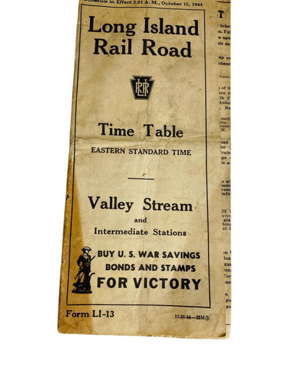 1944 Long Island Railroad Time Table Form LI-13 Valley Stream Intermediate Stations