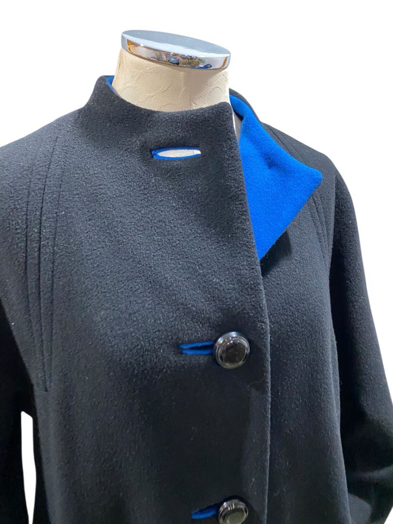 Size 12 A Trigere Coat Womens Black Blue Contrast Wool Classic 1980s