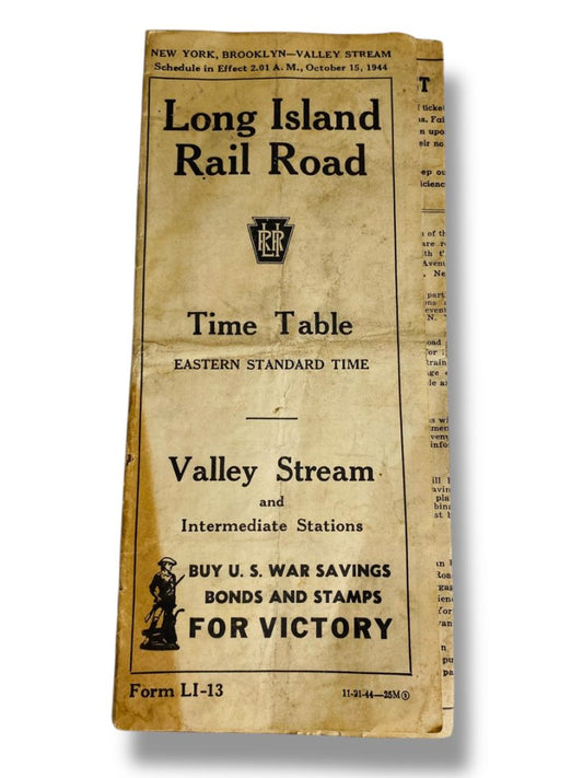 1944 Long Island Railroad Time Table Form LI-13 Valley Stream Intermediate Stations