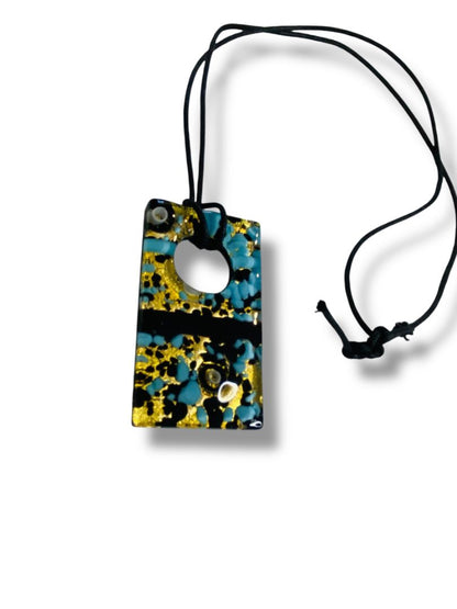 Overhead Necklace Glass Pendant 2.25" Arsty Gold Aqua Black