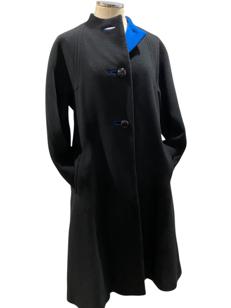 Size 12 A Trigere Coat Womens Black Blue Contrast Wool Classic 1980s