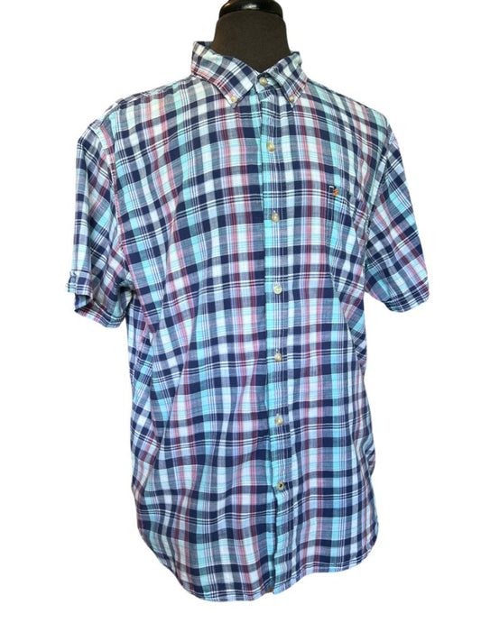 Size XXL Izod Saltwater Blue Pink Short Sleeve Plaid Shirt Button Down