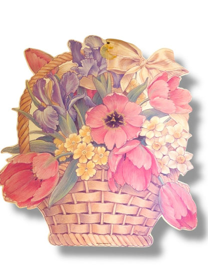 Vintage Gibson Greeting Griffith Floral Basket 15.5" Diecut Dual Sided