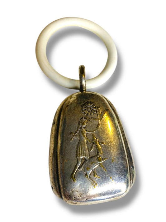 1930s WMF Silverplate Decorative Bell Rattle 2.5" Girl Greyhound Double Sided