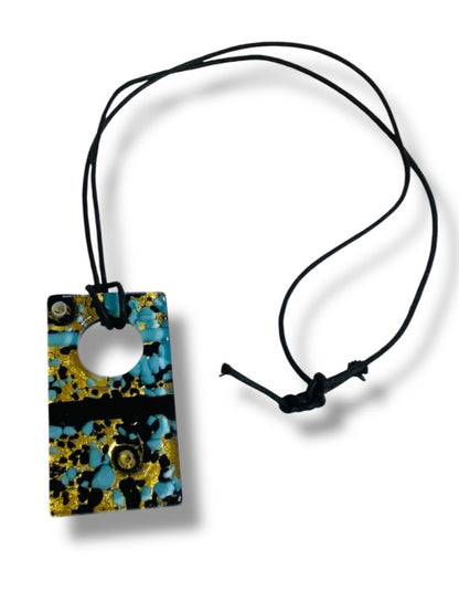 Overhead Necklace Glass Pendant 2.25" Arsty Gold Aqua Black