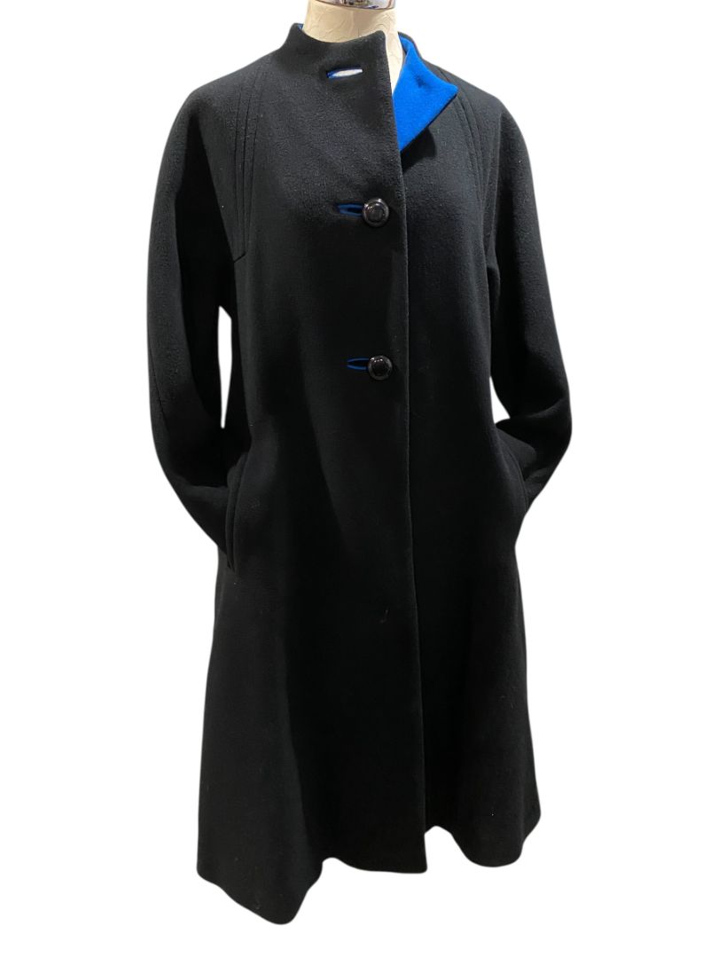 Size 12 A Trigere Coat Womens Black Blue Contrast Wool Classic 1980s