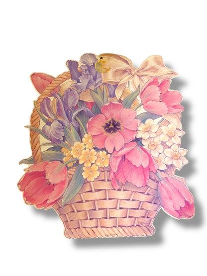 Vintage Gibson Greeting Griffith Floral Basket 15.5" Diecut Dual Sided