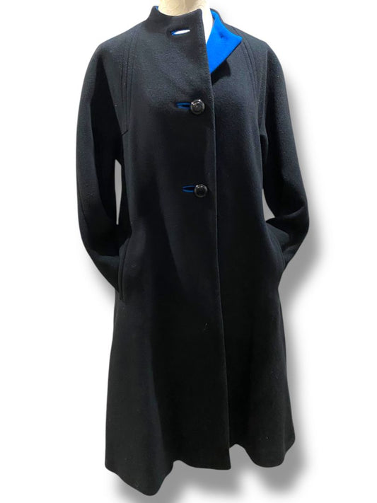 Size 12 A Trigere Coat Womens Black Blue Contrast Wool Classic 1980s