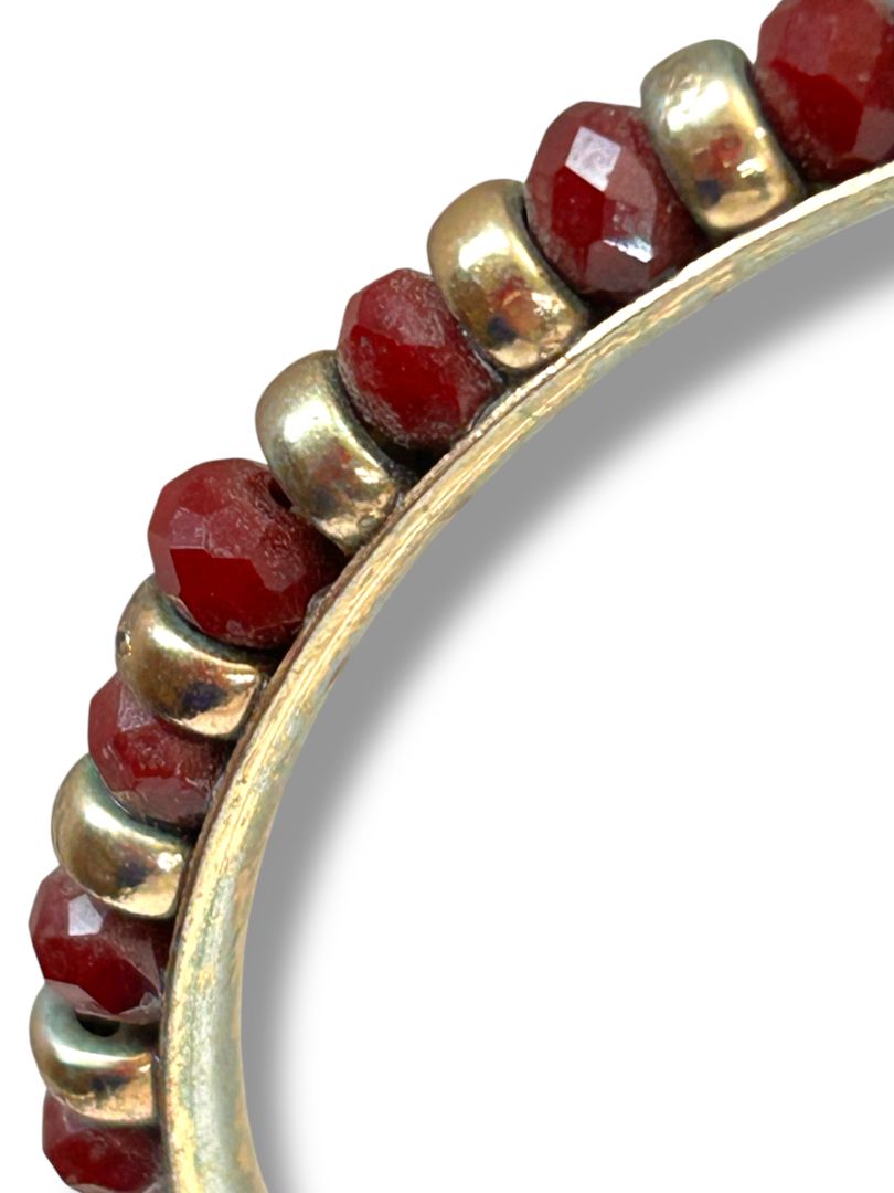 Goldtone and Red Beaded Bangle Bracelet 2.6" Inside Diameter (3/8"w)