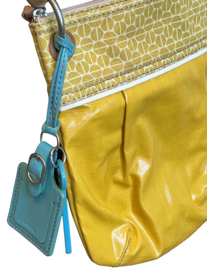 Fossil Key Per Golden Yellow Coated Canvas Crossbody Shoulder Bag Purse With Key Tag