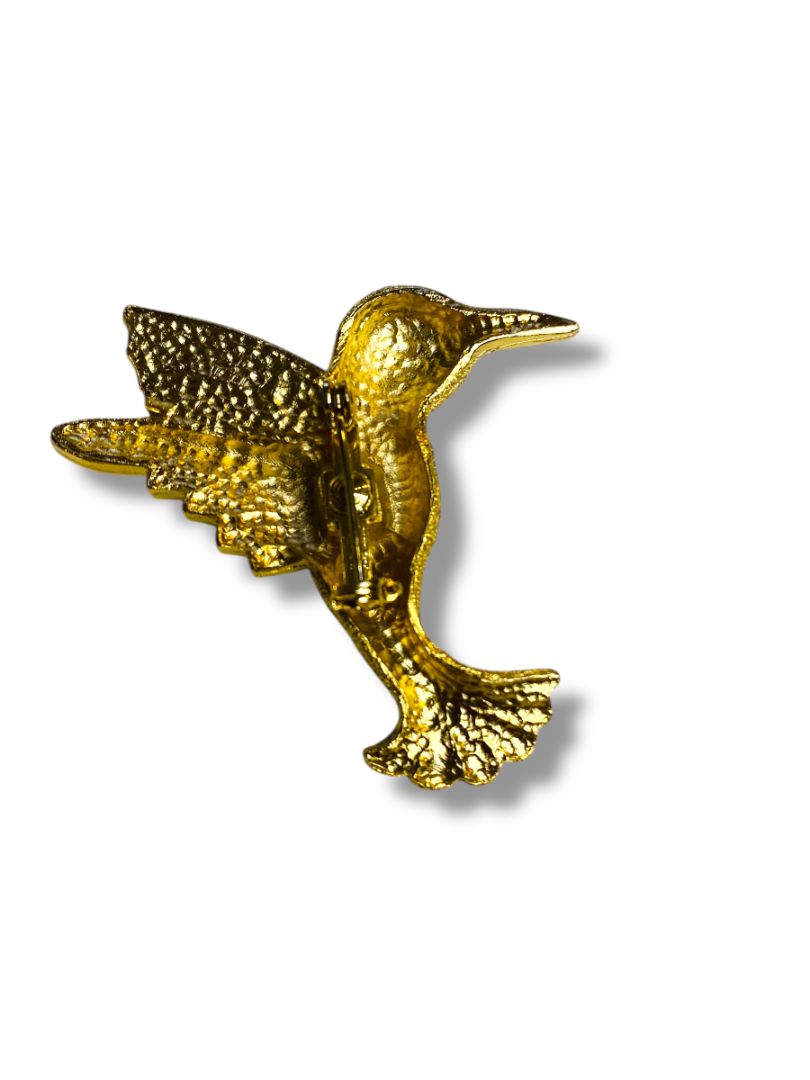 Goldtone Hummingbird Brooch Pin Textured Sparkle 2"