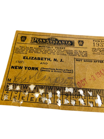 1947 The Pennsylvania Railroad Company Monthly Ticket Elizabeth NJ New York