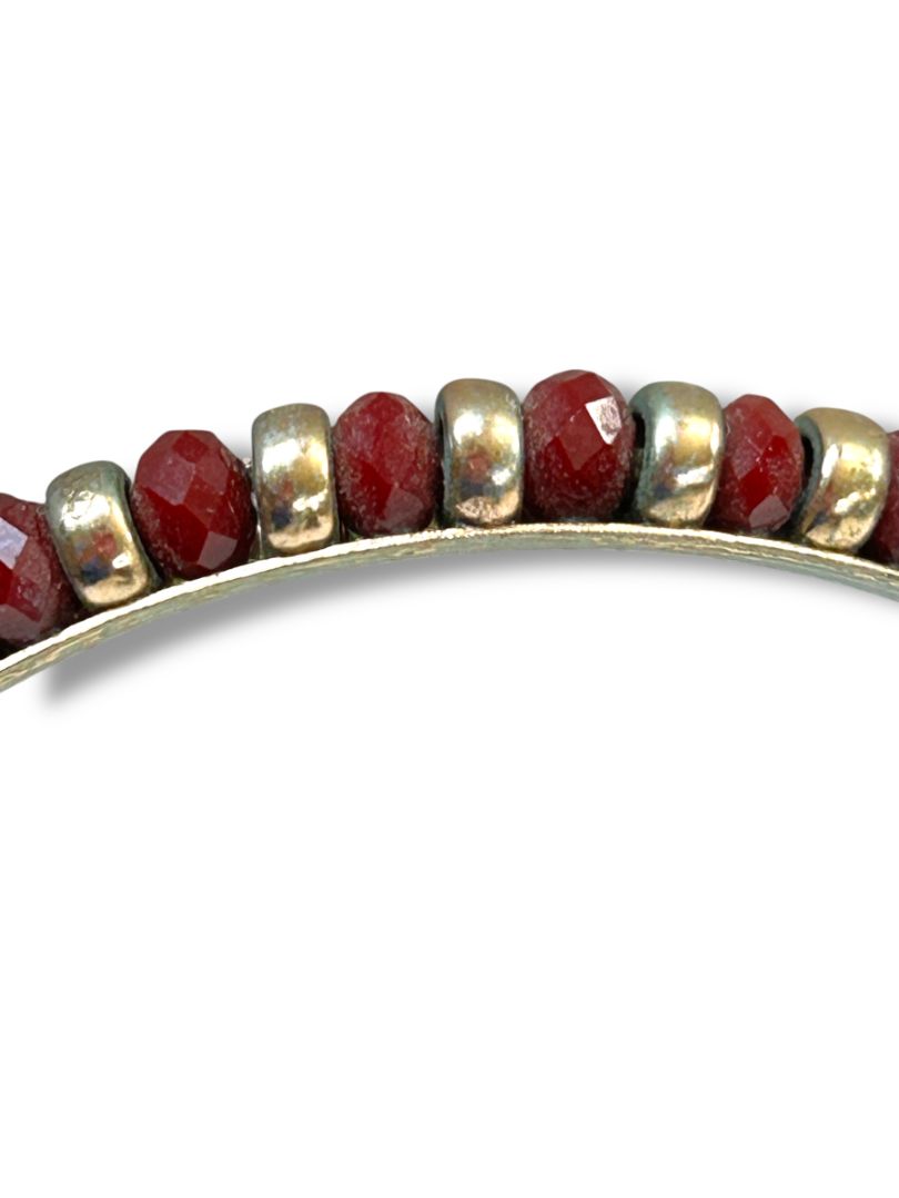 Goldtone and Red Beaded Bangle Bracelet 2.6" Inside Diameter (3/8"w)