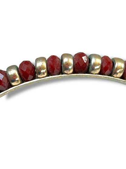 Goldtone and Red Beaded Bangle Bracelet 2.6" Inside Diameter (3/8"w)