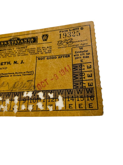 1947 The Pennsylvania Railroad Company Monthly Ticket Elizabeth NJ New York