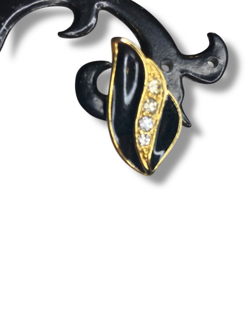 1980s 17mm Goldtone Black Post Pierced Earrings Rhinestone