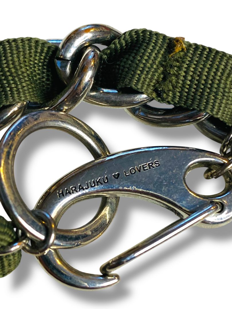 Harajuku Lovers Silvertone Dark Green Ribbon Bracelet Chunky 8"