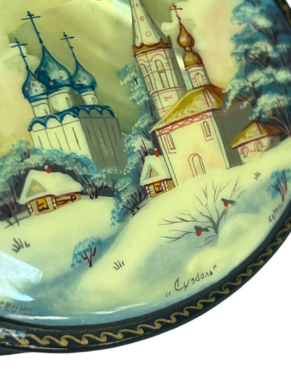 Russian Handpainted Signed Mother of Pearl Oval Lacquer Trinket Box Hinged Red Interior