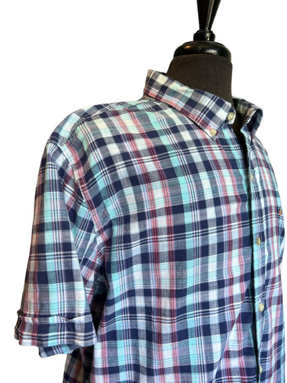 Size XXL Izod Saltwater Blue Pink Short Sleeve Plaid Shirt Button Down