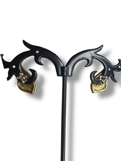 1980s 17mm Goldtone Black Post Pierced Earrings Rhinestone