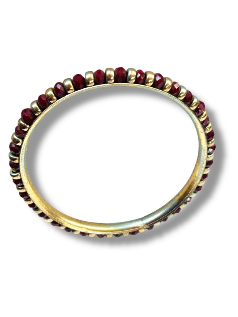 Goldtone and Red Beaded Bangle Bracelet 2.6" Inside Diameter (3/8"w)
