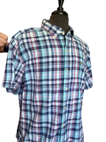 Size XXL Izod Saltwater Blue Pink Short Sleeve Plaid Shirt Button Down