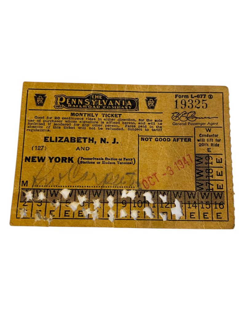 1947 The Pennsylvania Railroad Company Monthly Ticket Elizabeth NJ New York