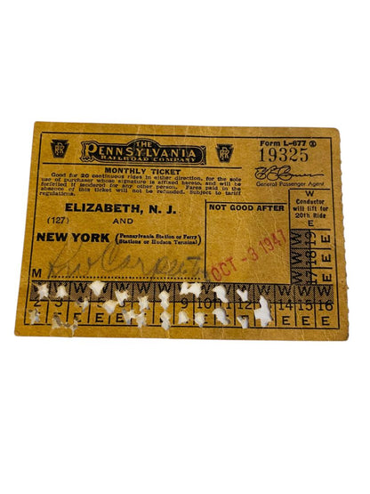 1947 The Pennsylvania Railroad Company Monthly Ticket Elizabeth NJ New York