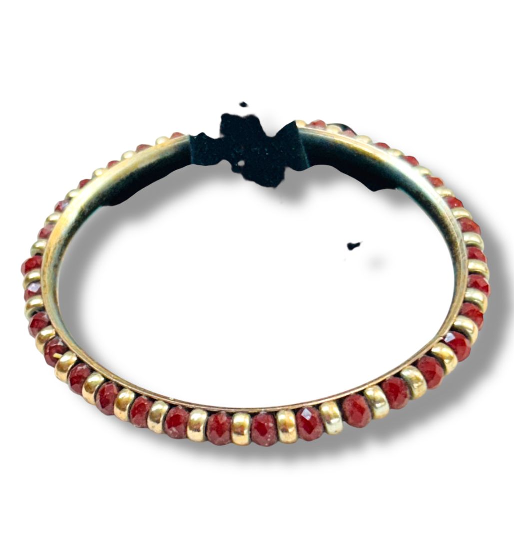 Goldtone and Red Beaded Bangle Bracelet 2.6" Inside Diameter (3/8"w)