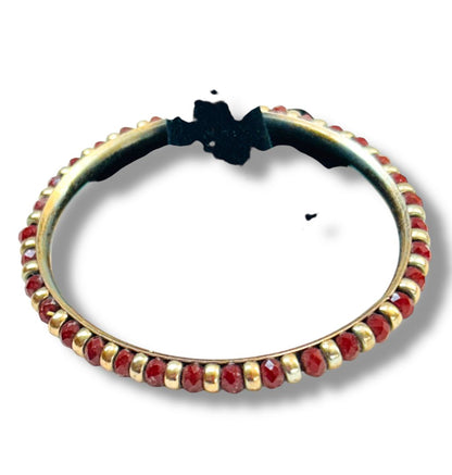 Goldtone and Red Beaded Bangle Bracelet 2.6" Inside Diameter (3/8"w)
