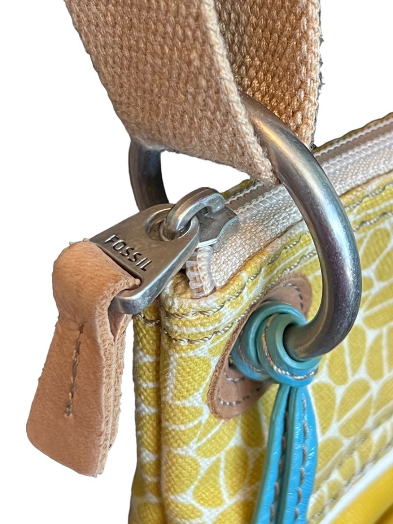 Fossil Key Per Golden Yellow Coated Canvas Crossbody Shoulder Bag Purse With Key Tag