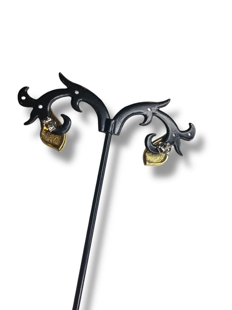 1980s 17mm Goldtone Black Post Pierced Earrings Rhinestone