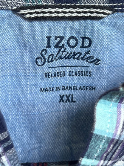 Size XXL Izod Saltwater Blue Pink Short Sleeve Plaid Shirt Button Down