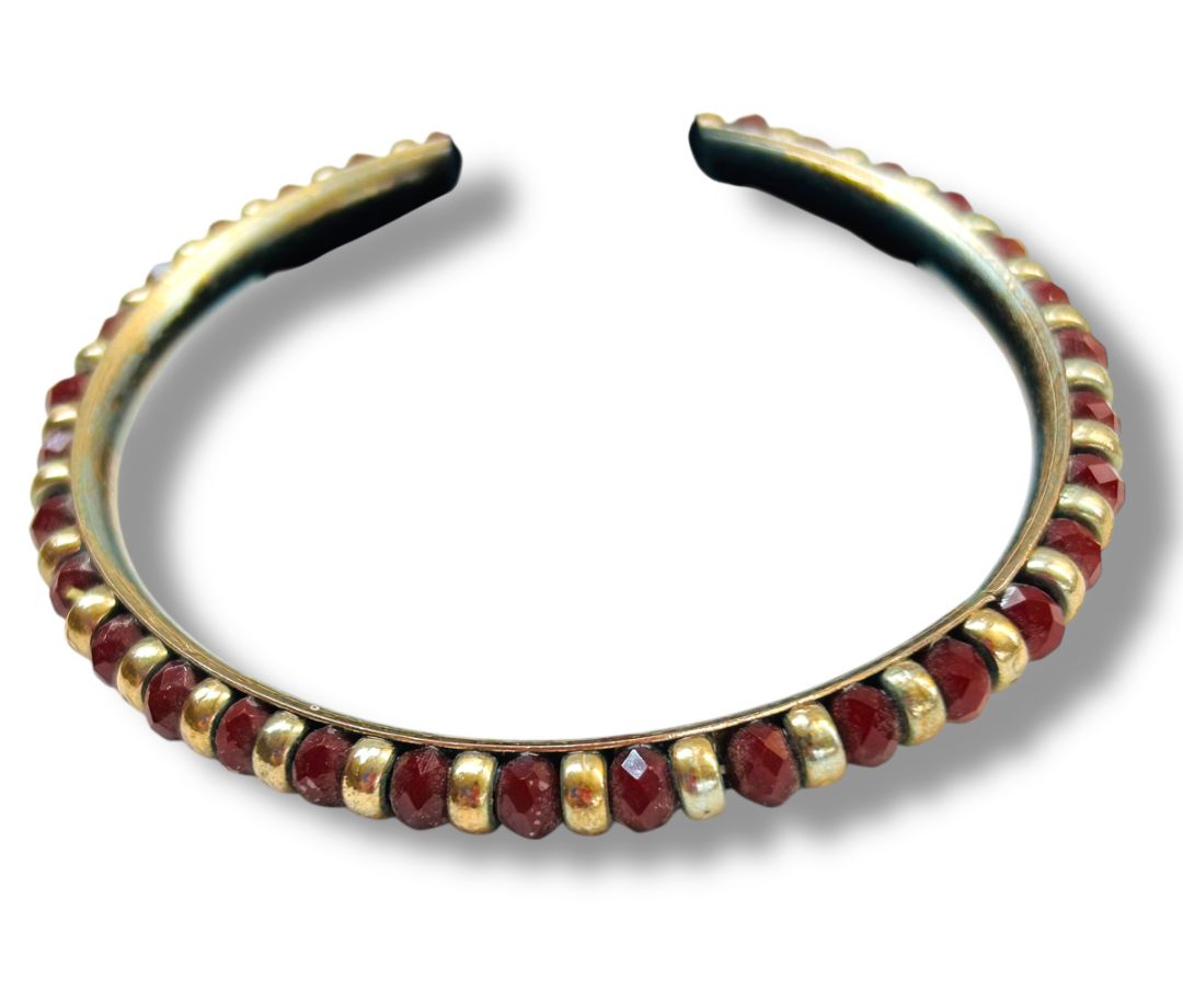 Goldtone and Red Beaded Bangle Bracelet 2.6" Inside Diameter (3/8"w)