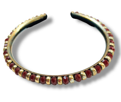 Goldtone and Red Beaded Bangle Bracelet 2.6" Inside Diameter (3/8"w)