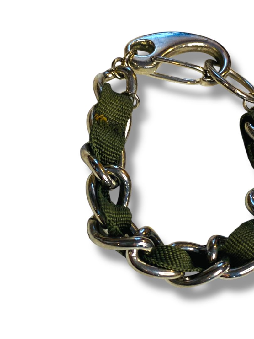 Harajuku Lovers Silvertone Dark Green Ribbon Bracelet Chunky 8"