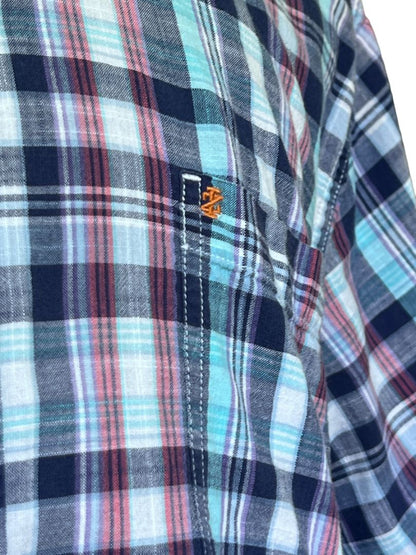 Size XXL Izod Saltwater Blue Pink Short Sleeve Plaid Shirt Button Down