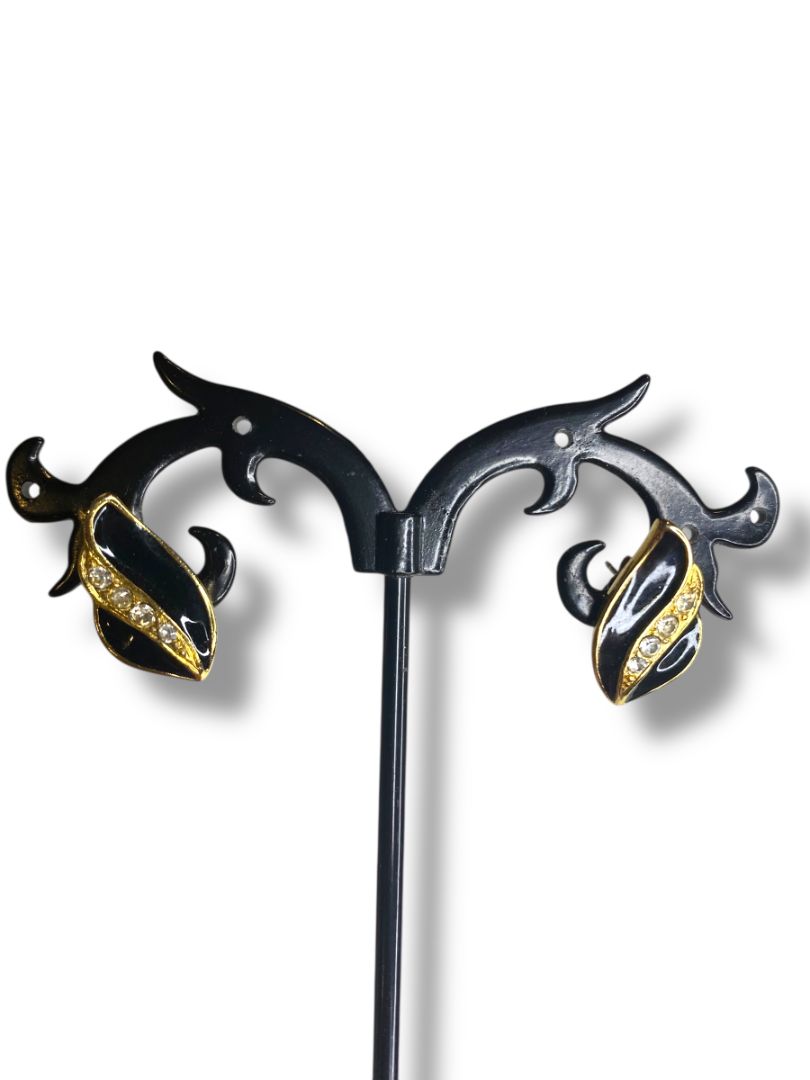 1980s 17mm Goldtone Black Post Pierced Earrings Rhinestone