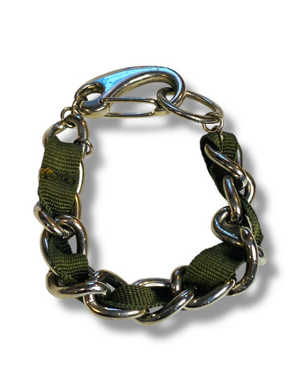 Harajuku Lovers Silvertone Dark Green Ribbon Bracelet Chunky 8"