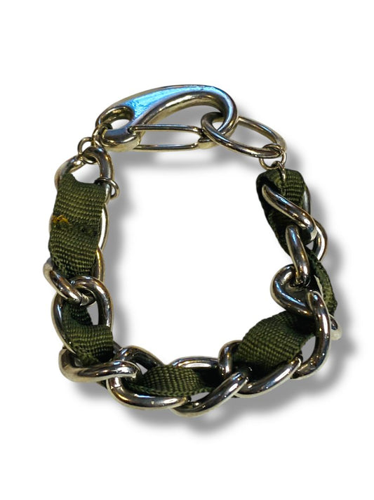 Harajuku Lovers Silvertone Dark Green Ribbon Bracelet Chunky 8"