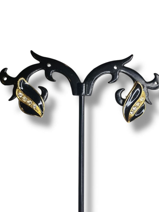 1980s 17mm Goldtone Black Post Pierced Earrings Rhinestone